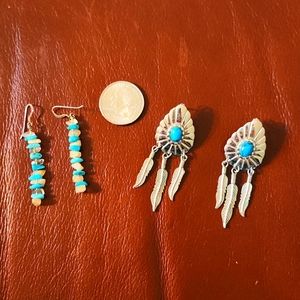 Lot of 2 Vintage Turquoise Pierced Earings Feathers and Tubular